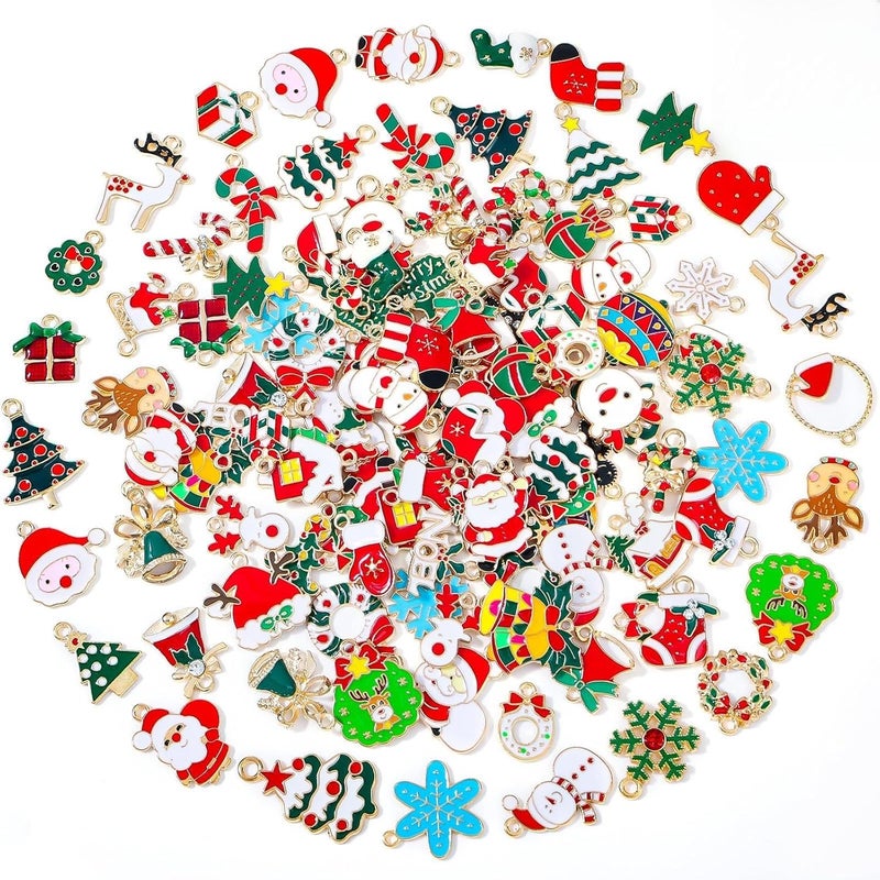 Modacraft 120 Pcs Christmas Charms for Jewelry Making, Multiple Styles Gold Enamel Pendant Charms with Santa Snowflake Tree for DIY Bracelet Necklace Earring Keychain Craft Supplies Holiday Decor Gift - Image 1
